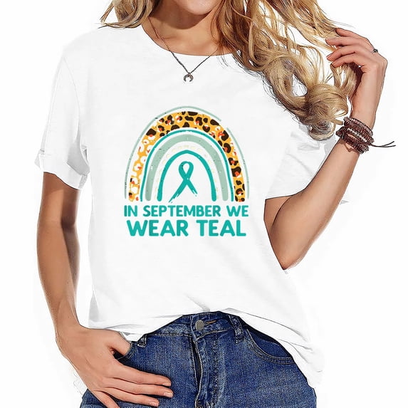 Womens T Shirt Leopard Rainbow September Wear Teal Ovarian Cancer Awareness Shirts Black 2X-Large