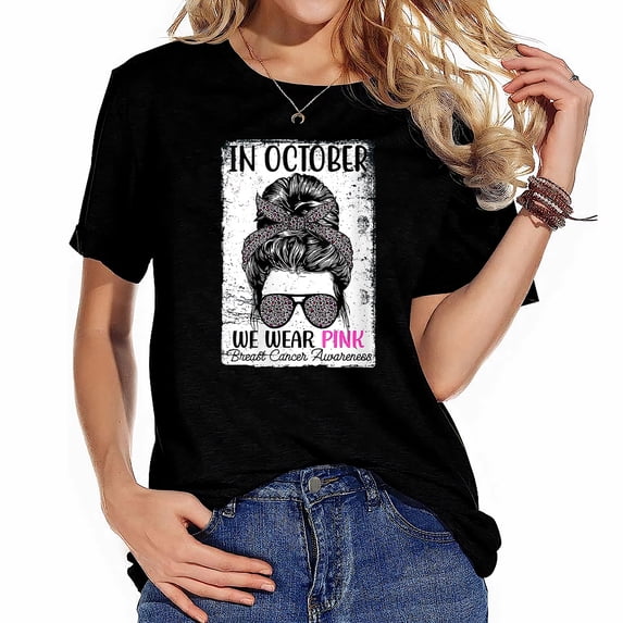 Womens T Shirt Messy Bun In October Wear Pink Breast Cancer Awareness Round Neck Shirts Black 2X-Large