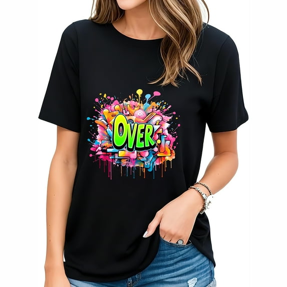 Womens T Shirt Over Colorful Graffiti Lover Cool Vintage Women's Short Sleeve Tee for Parties and Birthdays - The Perfect Gift Black