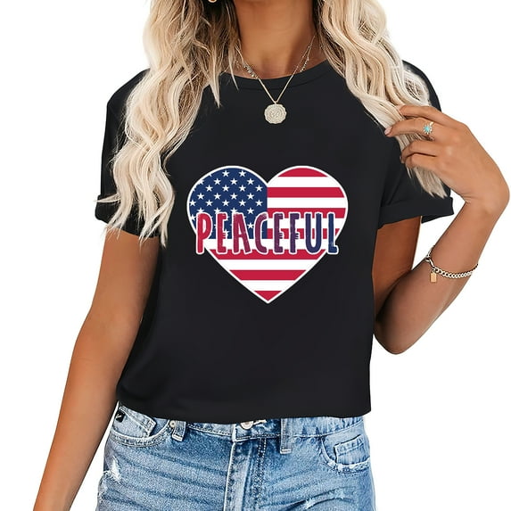 Womens T Shirt Peaceful USA Heart Shape American Flag Cute Women's Vintage Graphic Tee for Party and Gift Giving Black