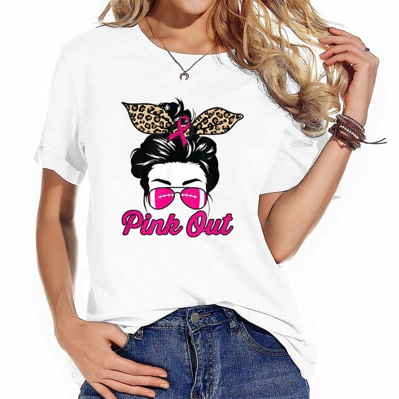 Womens T Shirt Pink Out Breast Cancer Awareness Football Bleached Messy Bun Shirts Black 2X-Large