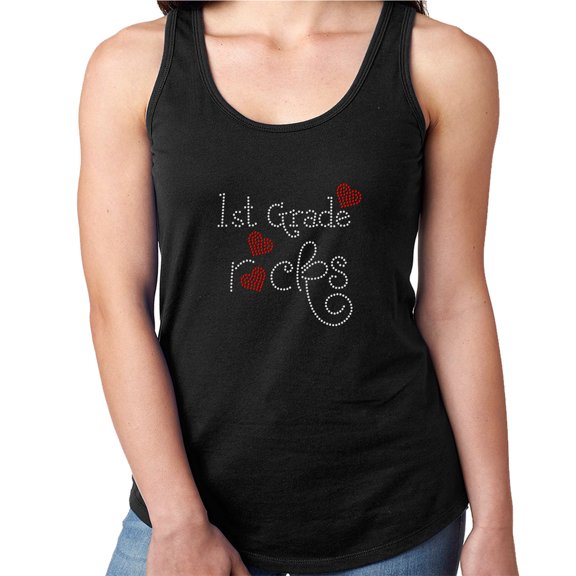 Womens T-Shirt Rhinestone Bling Black Tee 1st Grade Rocks Red Hearts Tank Racer Back Medium