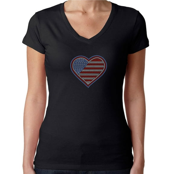 Womens T-Shirt Rhinestone Bling Black Tee 4th of July Flag Heart Red Blue V-Neck Medium