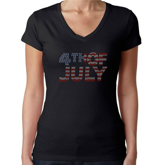 Womens T-Shirt Rhinestone Bling Black Tee 4th of July Flag Red White Blue V-Neck Large