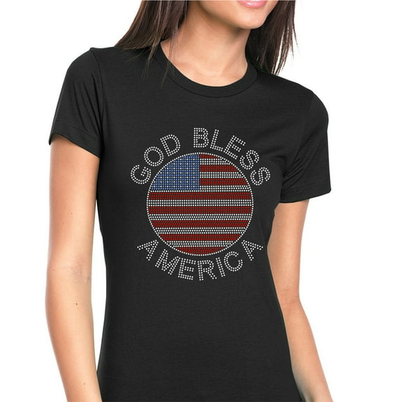 Womens T-Shirt Rhinestone Bling Black Tee 4th of July God Bless America Crew Neck XX-Large
