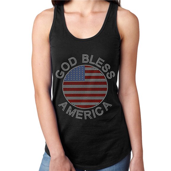 Womens T-Shirt Rhinestone Bling Black Tee 4th of July God Bless America Tank Racer Back Large