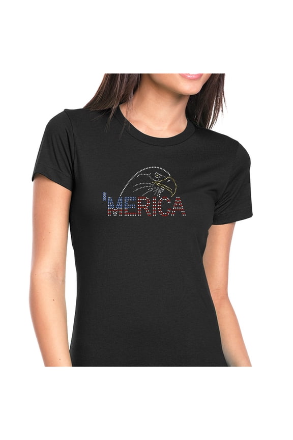 Womens T-Shirt Rhinestone Bling Black Tee America Bald Eagle Flag Crew Neck Large