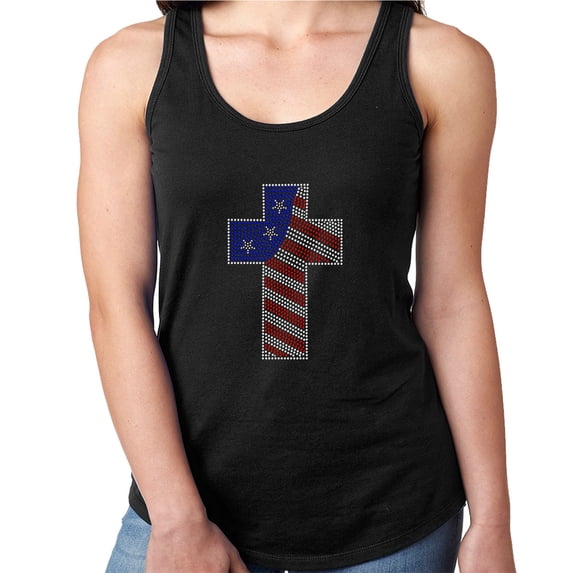 Womens T-Shirt Rhinestone Bling Black Tee American Flag Colors Cross Tank Racer Back X-Large
