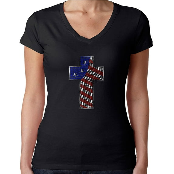 Womens T-Shirt Rhinestone Bling Black Tee American Flag Colors Cross V-Neck X-Large