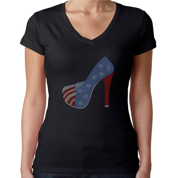 Womens T-Shirt Rhinestone Bling Black Tee American Flag Heel Shoe V-Neck Large