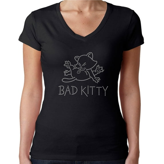 Womens T-Shirt Rhinestone Bling Black Tee Bad Kitty Cat Sparkle V-Neck Small