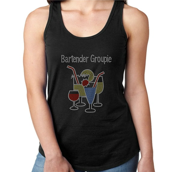 Womens T-Shirt Rhinestone Bling Black Tee Bartender Groupie Cocktail Glass Tank Racer Back Large