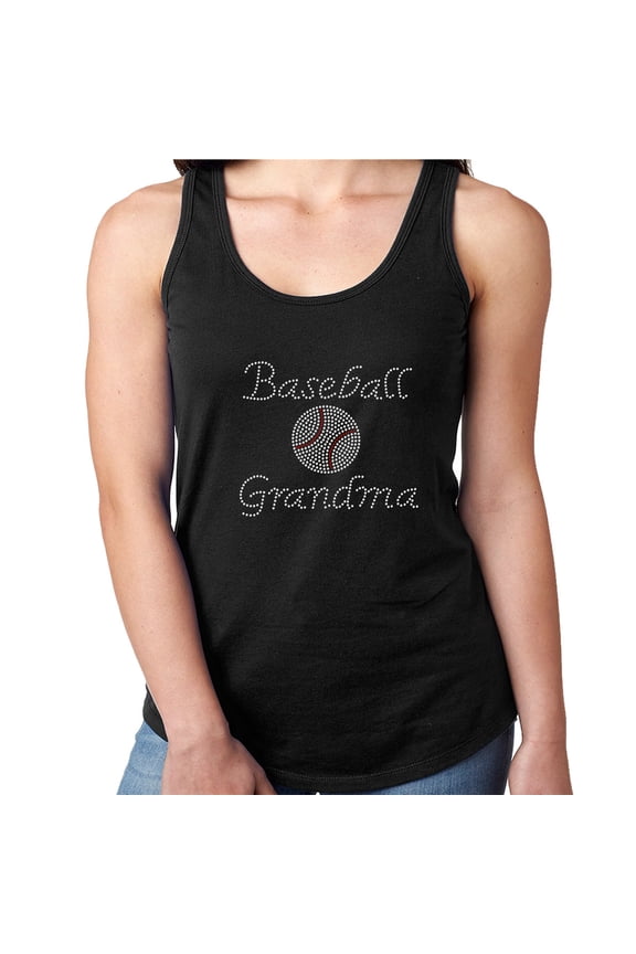 Womens T-Shirt Rhinestone Bling Black Tee Baseball Grandma Ball Sparkle Tank Racer Back Medium