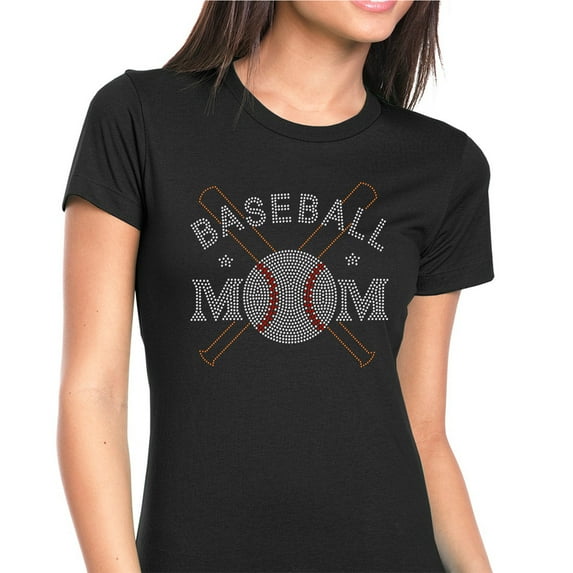 Womens T-Shirt Rhinestone Bling Black Tee Baseball Mom Bats Ball Crew Neck Medium