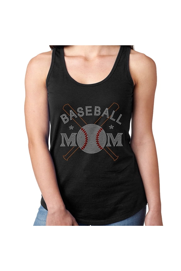 Womens T-Shirt Rhinestone Bling Black Tee Baseball Mom Bats Ball Tank Racer Back Medium
