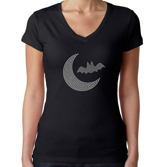 Womens T-Shirt Rhinestone Bling Black Tee Bat Crescent Moon Halloween V-Neck Small