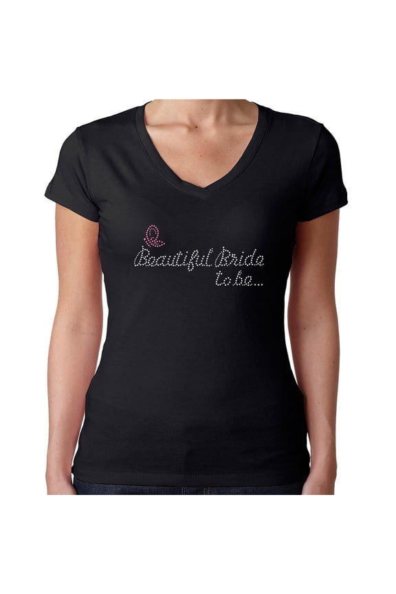 Womens T-Shirt Rhinestone Bling Black Tee Beautiful Bride To Be Butterfly V-Neck Medium