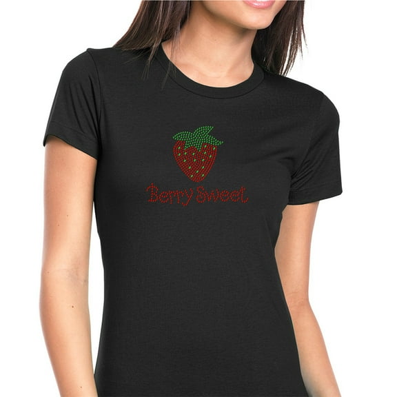 Womens T-Shirt Rhinestone Bling Black Tee Berry Sweet Straberry Sparkle Crew Neck Large