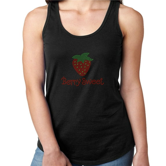 Womens T-Shirt Rhinestone Bling Black Tee Berry Sweet Straberry Sparkle Tank Racer Back Medium
