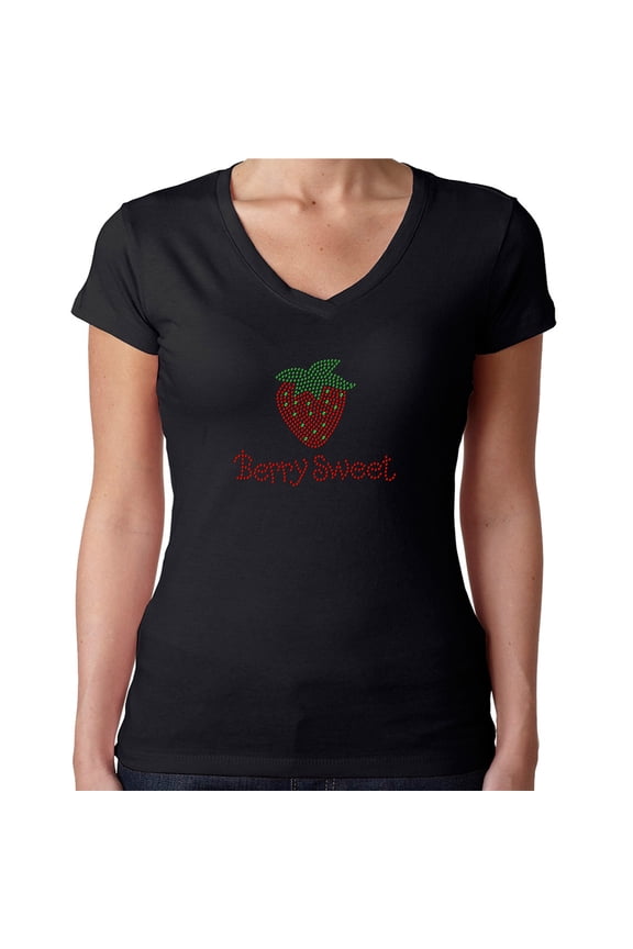 Womens T-Shirt Rhinestone Bling Black Tee Berry Sweet Straberry Sparkle V-Neck Small