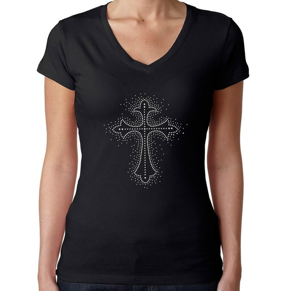 Womens T-Shirt Rhinestone Bling Black Tee Big White Crystal Cross V-Neck Medium