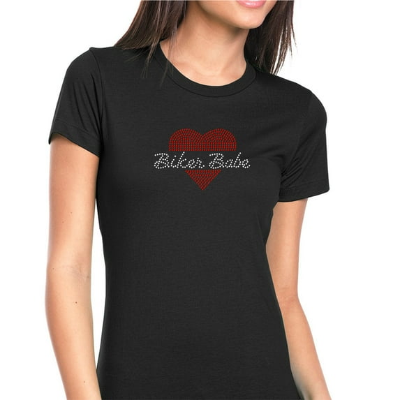 Womens T-Shirt Rhinestone Bling Black Tee Biker Babe Red Heart Sparkle Crew Neck XX-Large