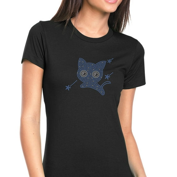 Womens T-Shirt Rhinestone Bling Black Tee Blue Kitty Cat Crew Neck X-Large