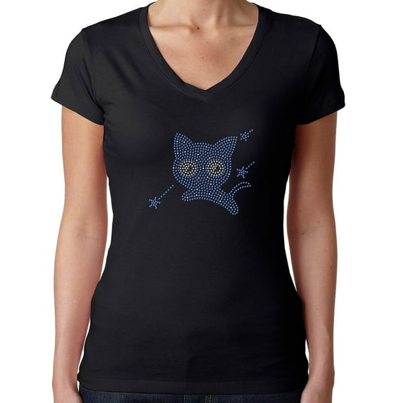 Womens T-Shirt Rhinestone Bling Black Tee Blue Kitty Cat V-Neck Small