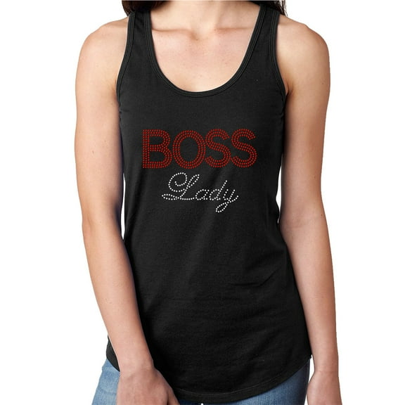 Womens T-Shirt Rhinestone Bling Black Tee Boss Lady Red White Sparkle Tank Racer Back Large