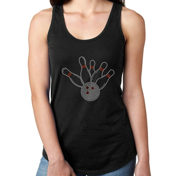 Womens T-Shirt Rhinestone Bling Black Tee Bowling Pins Ball Crystals Tank Racer Back Medium