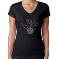 thumbnail image 1 of Womens T-Shirt Rhinestone Bling Black Tee Bowling Pins Ball Crystals V-Neck Medium, 1 of 2