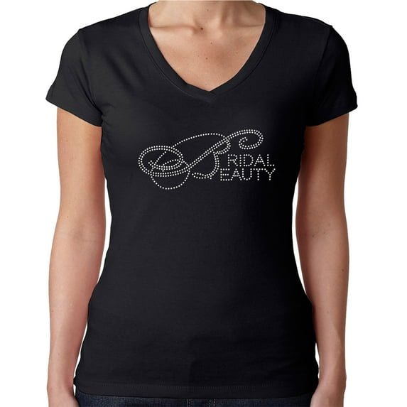 Womens T-Shirt Rhinestone Bling Black Tee Bridal Bride Beauty Sparkle V-Neck Large