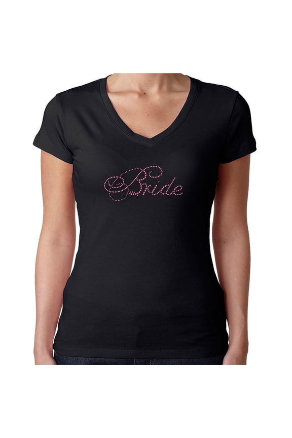 Womens T-Shirt Rhinestone Bling Black Tee Bride Script Pink Sparkle V-Neck Medium