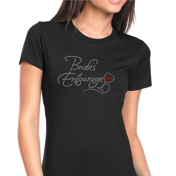 Womens T-Shirt Rhinestone Bling Black Tee Brides Entourage Red Wine Glass Crew Neck Large