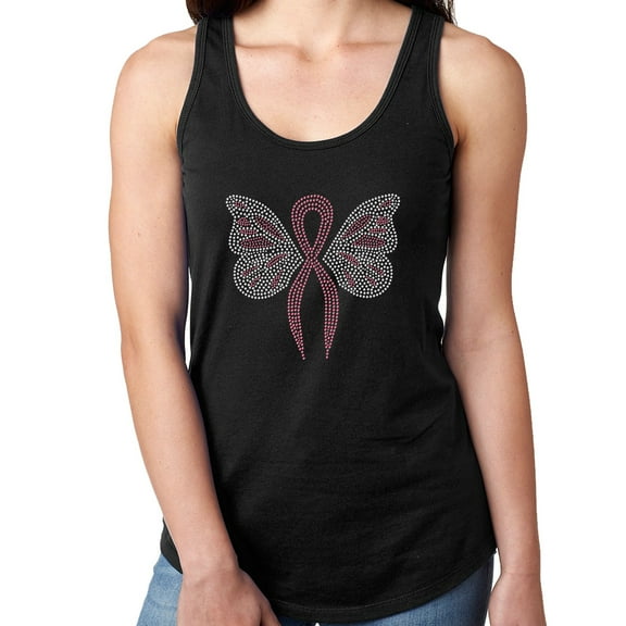 Womens T-Shirt Rhinestone Bling Black Tee Butterfly Pink Ribbon Tank Racer Back Medium