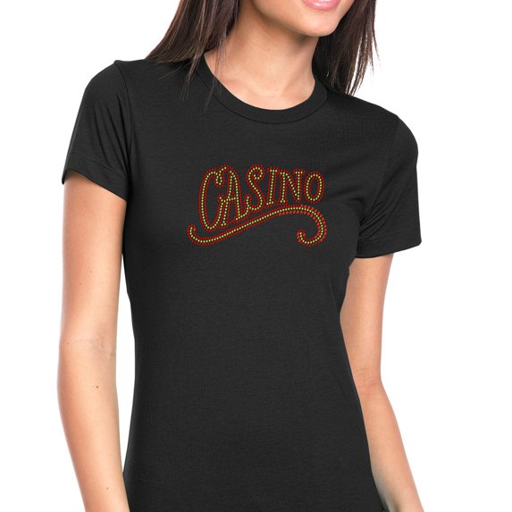 Womens T-Shirt Rhinestone Bling Black Tee Casino Vegas Red Yellow Crew Neck Small