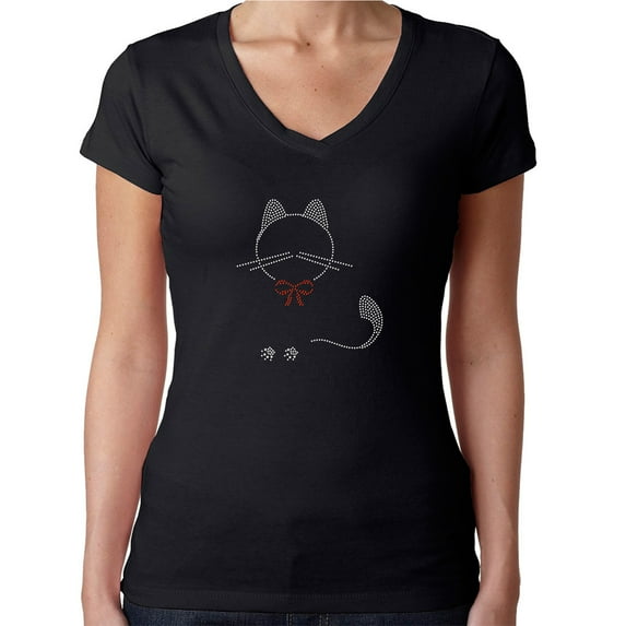 Womens T-Shirt Rhinestone Bling Black Tee Cat Outline Red Bow Kitty V-Neck Large