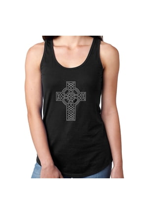 Womens T-Shirt Rhinestone Bling Black Tee Celtic Cross White Clear Tank Racer Back Large