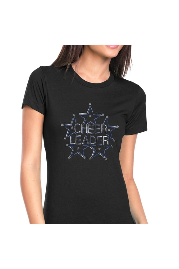 Womens T-Shirt Rhinestone Bling Black Tee Cheer Cheerleader Stars Blue Crew Neck Small