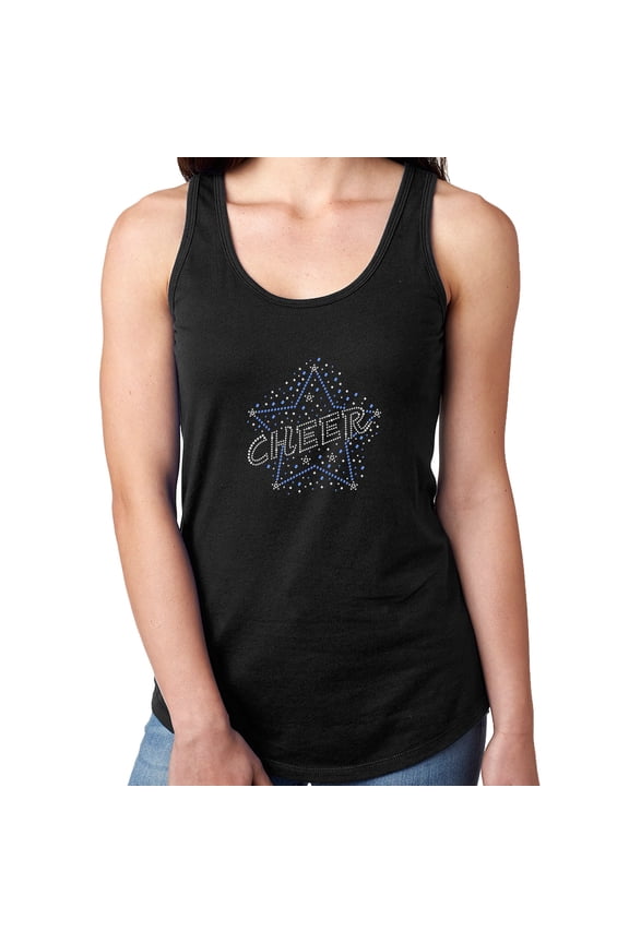 Womens T-Shirt Rhinestone Bling Black Tee Cheer Cherleadear White Blue Tank Racer Back Large