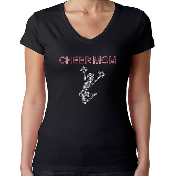 Womens T-Shirt Rhinestone Bling Black Tee Cheer Mom Pink Sparkle V-Neck Medium