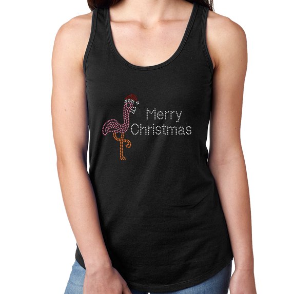 Womens T-Shirt Rhinestone Bling Black Tee Christmas Flamingo Santa Hat Tank Racer Back Small