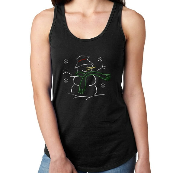 Womens T-Shirt Rhinestone Bling Black Tee Christmas Happy Snowman Tank Racer Back Small