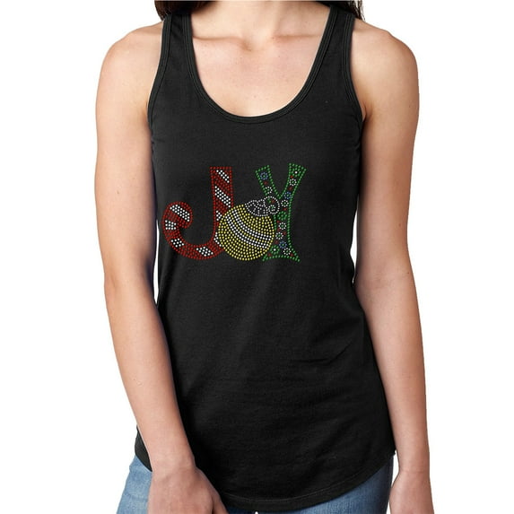 Womens T-Shirt Rhinestone Bling Black Tee Christmas Joy Ornament Tank Racer Back X-Large