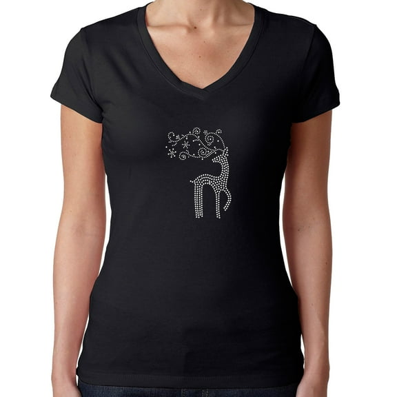 Womens T-Shirt Rhinestone Bling Black Tee Christmas Stag Reindeer V-Neck Small
