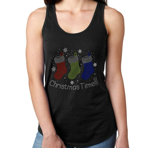 Womens T-Shirt Rhinestone Bling Black Tee Christmas Time Stockings Tank Racer Back Small