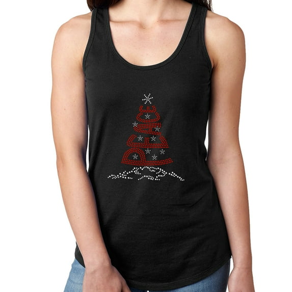 Womens T-Shirt Rhinestone Bling Black Tee Christmas Tree Peace Tank Racer Back Large