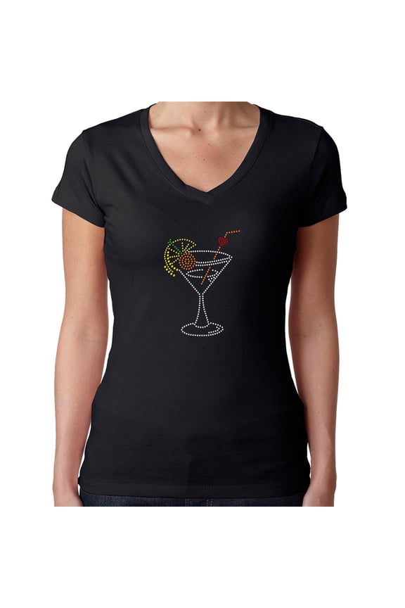 Womens T-Shirt Rhinestone Bling Black Tee Cocktail Glass Lemon Heart V-Neck XX-Large
