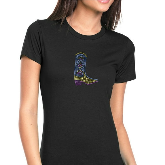 Womens T-Shirt Rhinestone Bling Black Tee Cowgirl Boot Colorful Texas Crew Neck X-Large