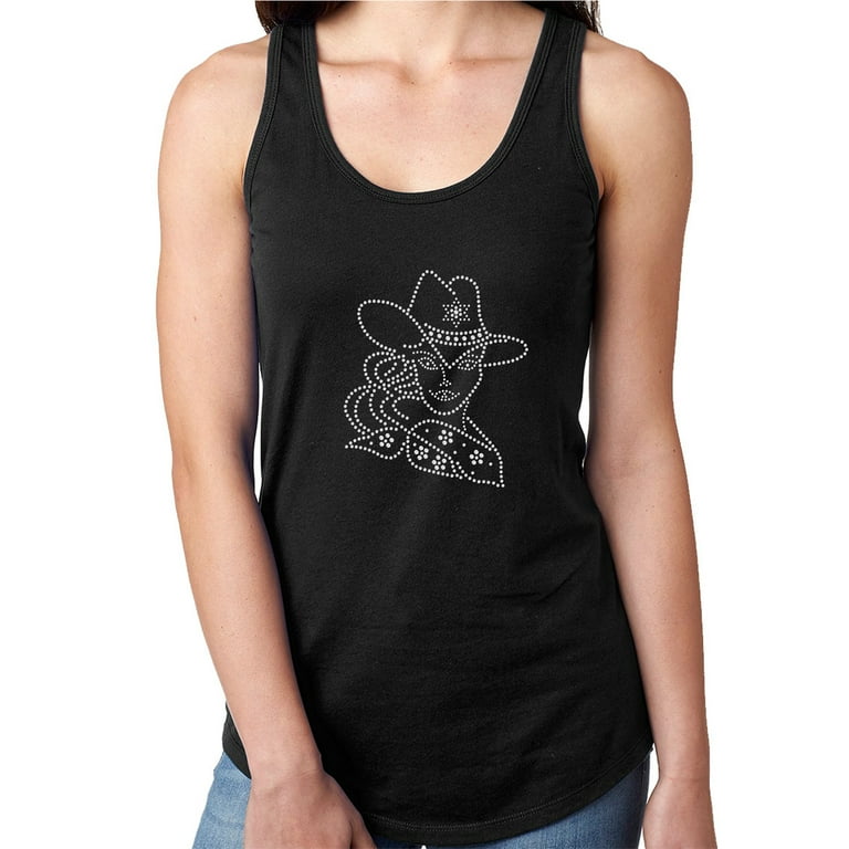 Womens T Shirt Rhinestone Bling Black Tee Cowgirl Figure Face Tank